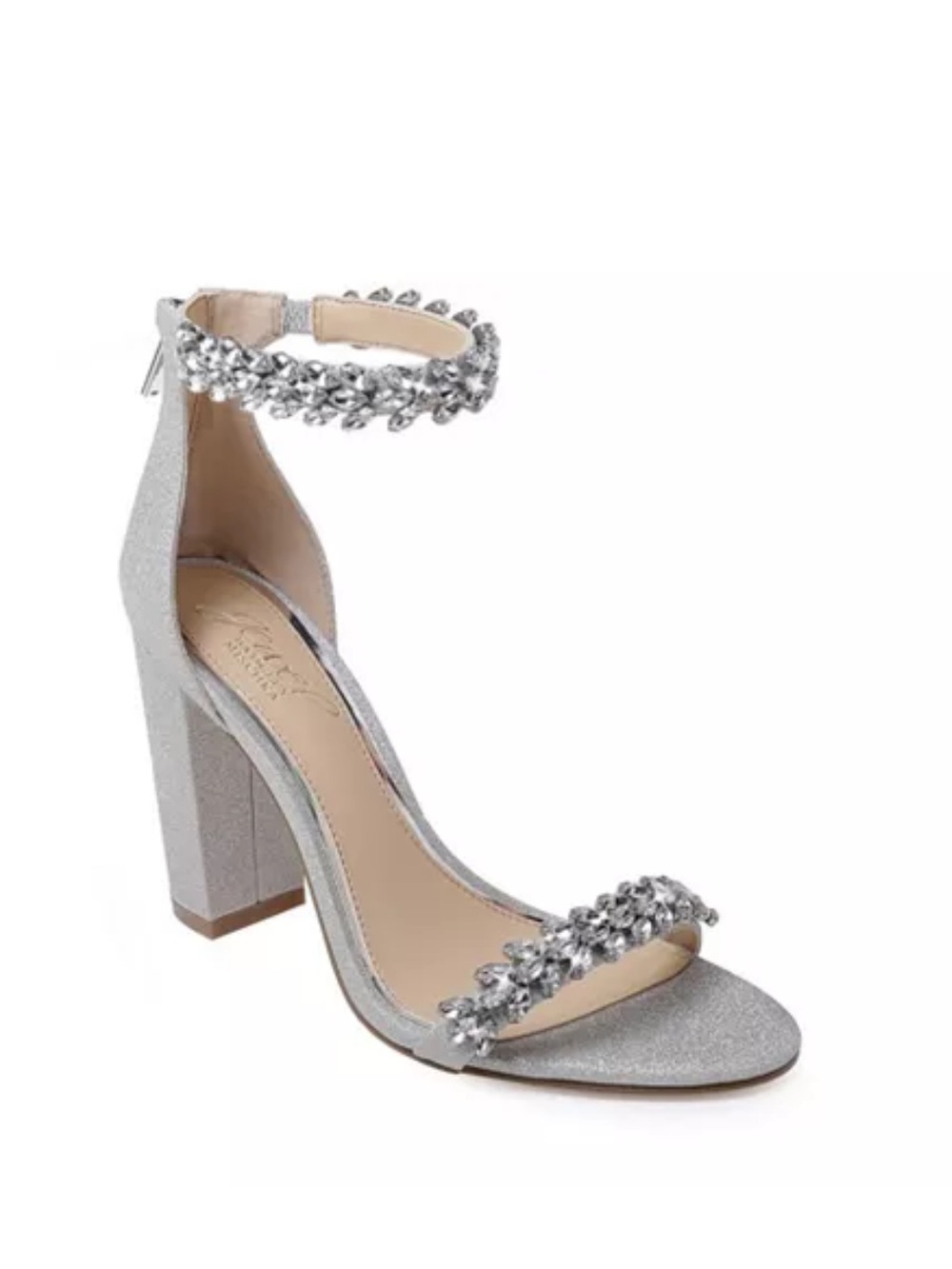 Jewel Badgley Mischka Mayra Silver Crystal Embellished Block Heel Sandals